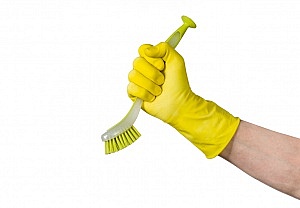 Cleaning conept - hand cleaning with cleaning brush. Isolated on white background