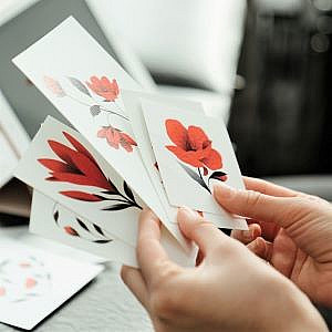 hands holding three greetings cards