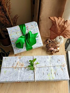 Presents wrapped in old maps