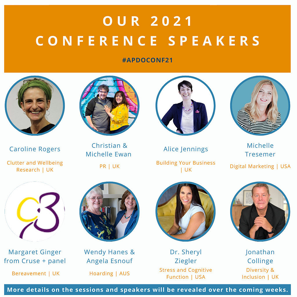 A graphic showing headshots and names of conference speakers, and the topics they are speaking on