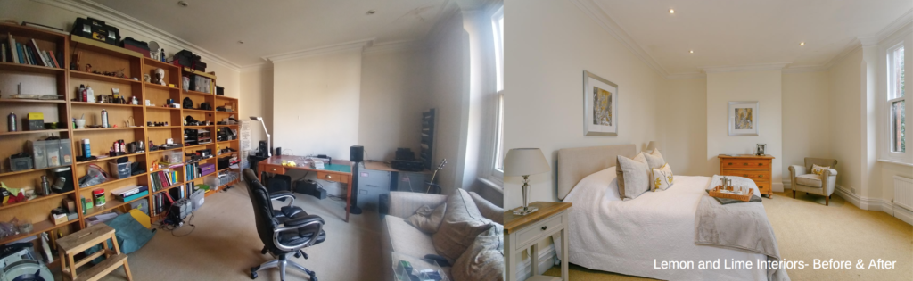 Before and after decluttering photo of a sitting room