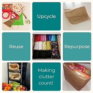 a photo grid showing bags being cut up into drawer dividers