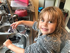 Miss P rinsing blackberries in the sink
